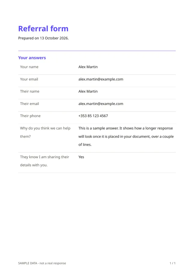 First page of the sample PDF made by the Referral form template