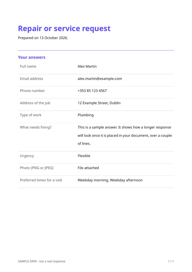 Sample PDF of the Repair or service request template