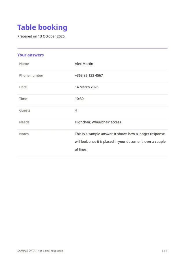 First page of the sample PDF made by the Table booking template