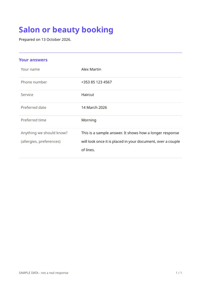 First page of the sample PDF made by the Salon or beauty booking template