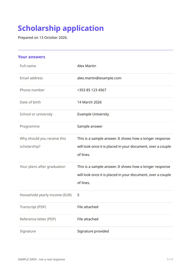 Sample PDF of the Scholarship application template