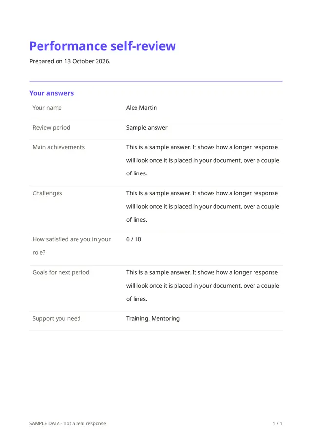 First page of the sample PDF made by the Performance self-review template