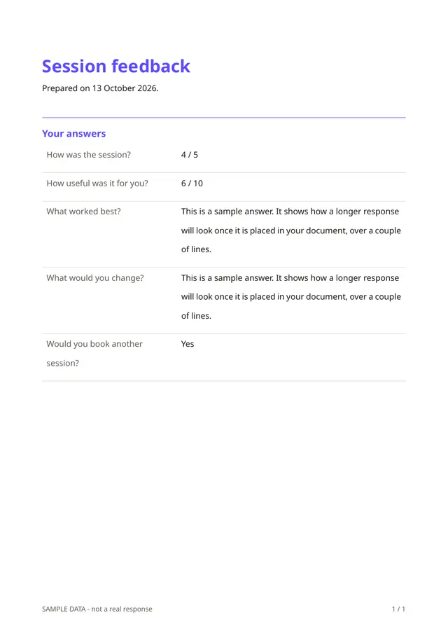 First page of the sample PDF made by the Session feedback template
