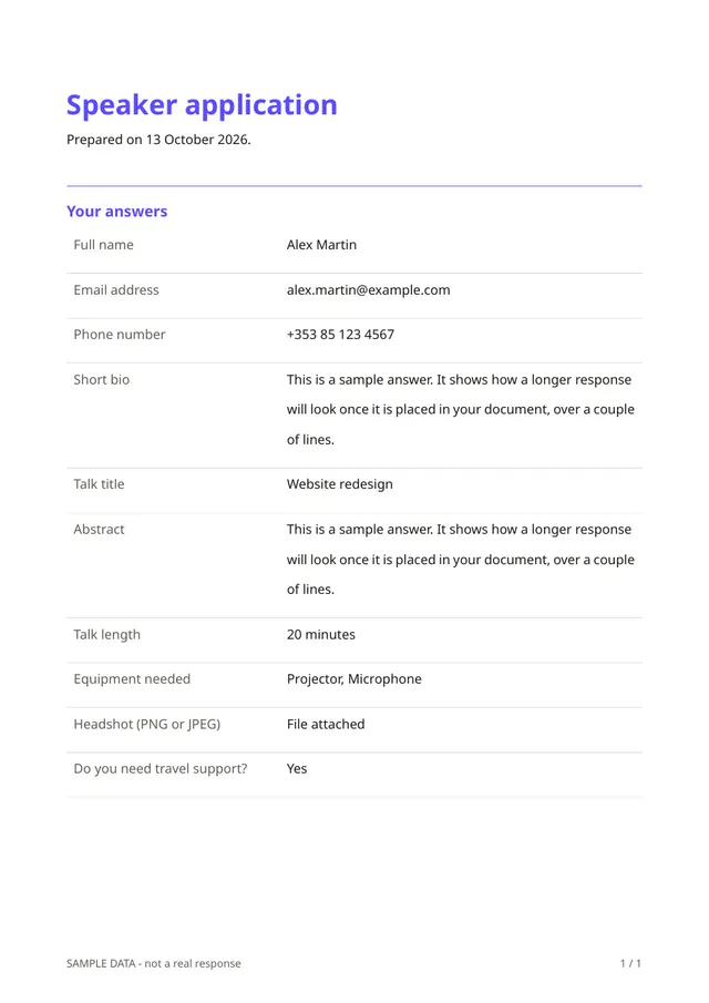 First page of the sample PDF made by the Speaker application template