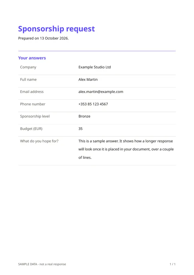 First page of the sample PDF made by the Sponsorship request template
