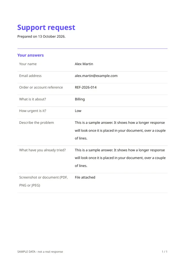 Sample PDF of the Support request template