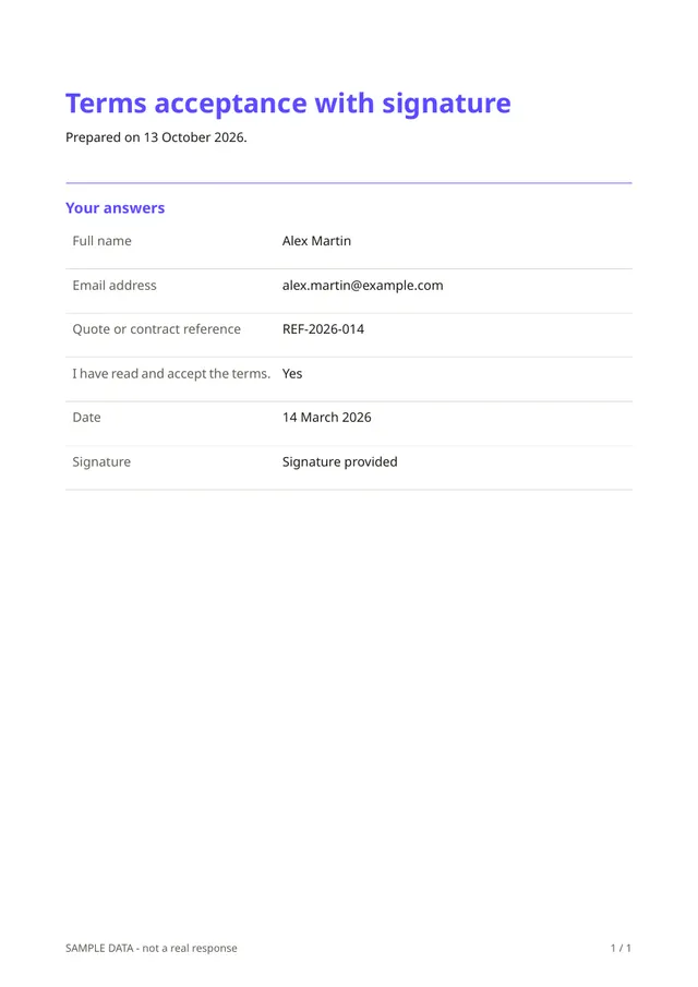 First page of the sample PDF made by the Terms acceptance with signature template
