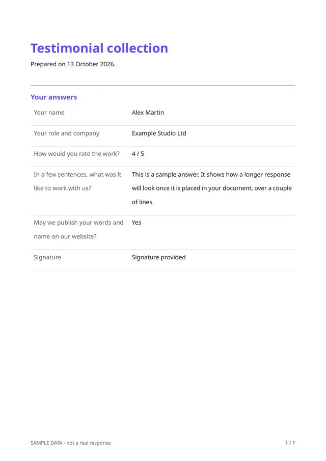 First page of the sample PDF made by the Testimonial collection template