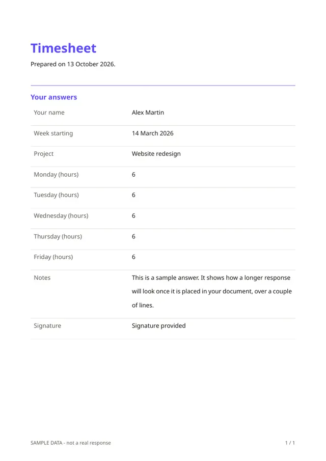 Sample PDF of the Timesheet template