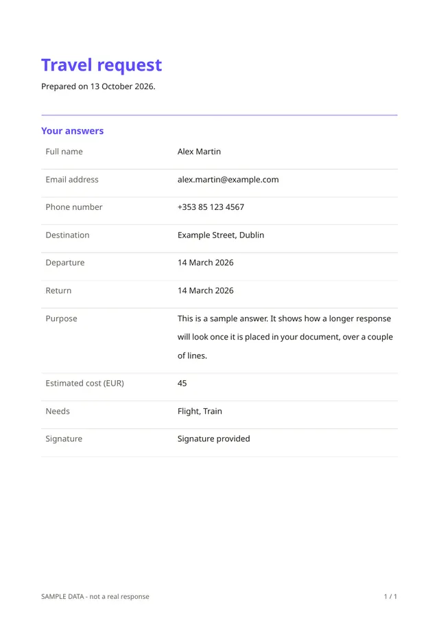First page of the sample PDF made by the Travel request template