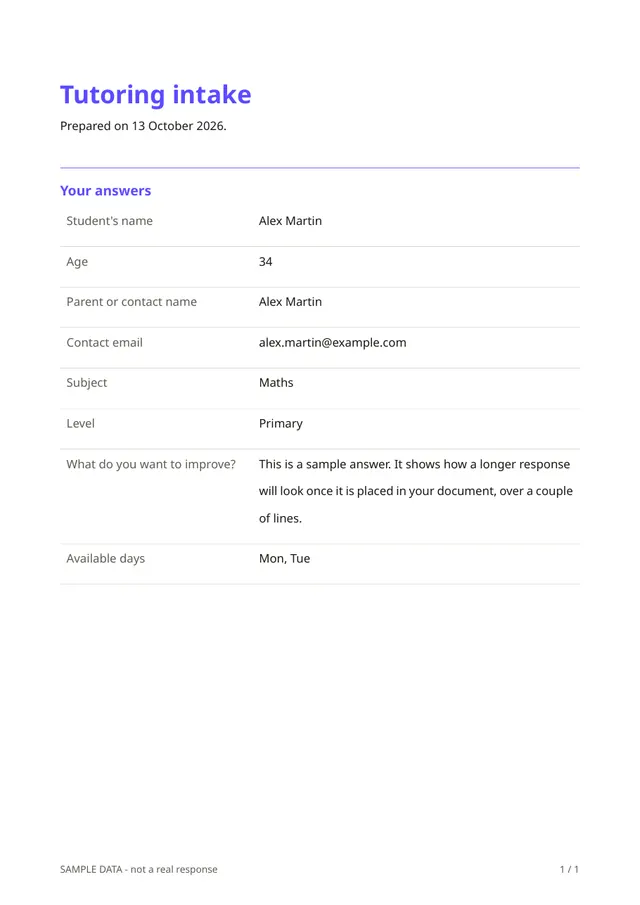 First page of the sample PDF made by the Tutoring intake template