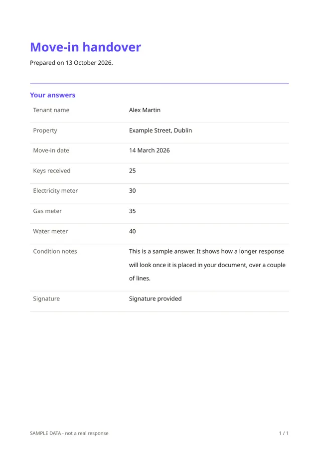 First page of the sample PDF made by the Move-in handover template