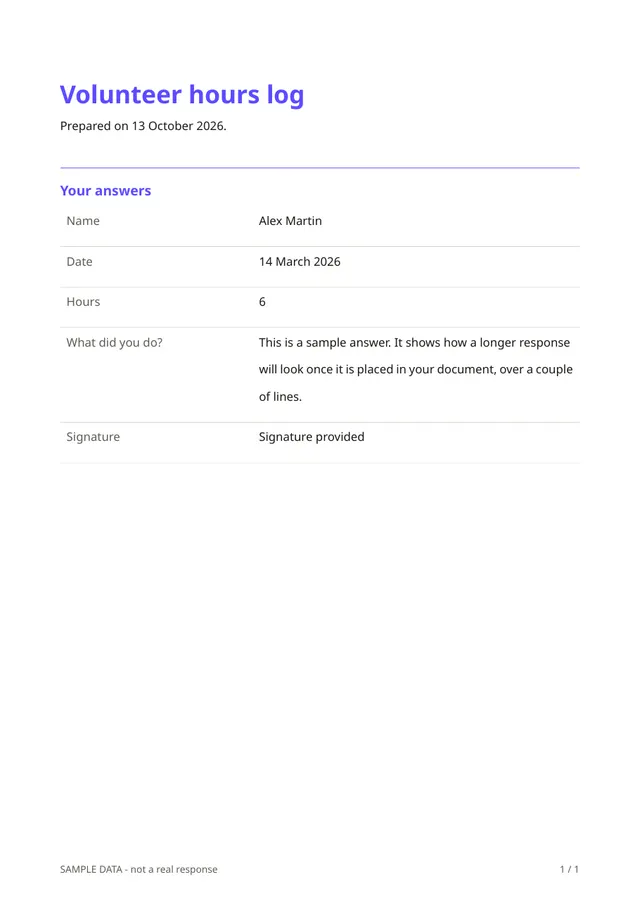 First page of the sample PDF made by the Volunteer hours log template