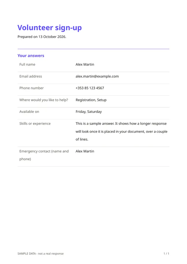 Sample PDF of the Volunteer sign-up template