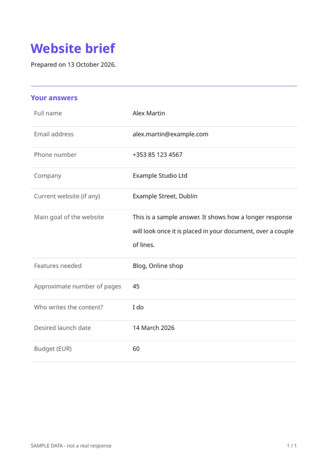 Sample PDF of the Website brief template