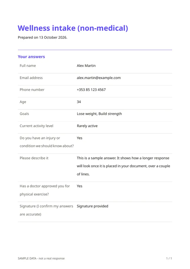 Sample PDF of the Wellness intake (non-medical) template