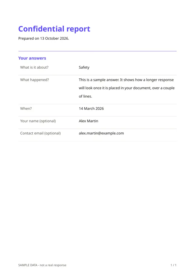 First page of the sample PDF made by the Confidential report template