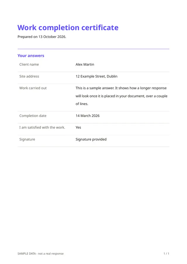 Sample PDF of the Work completion certificate template