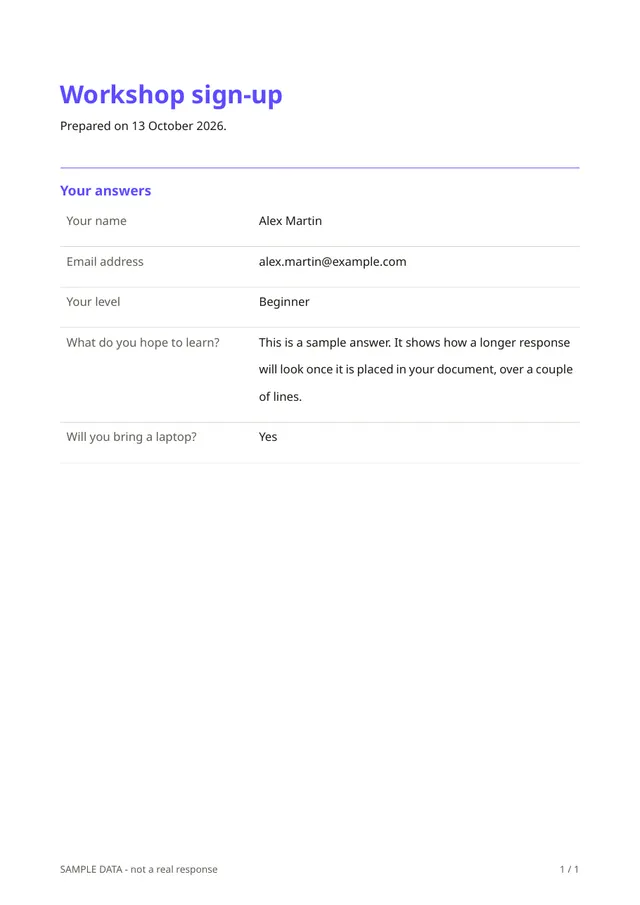 First page of the sample PDF made by the Workshop sign-up template
